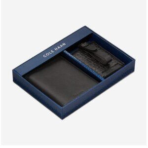 COLE HAAN Passport Wallet Set Black Leather Travel Luggage Tag Gift Box $98